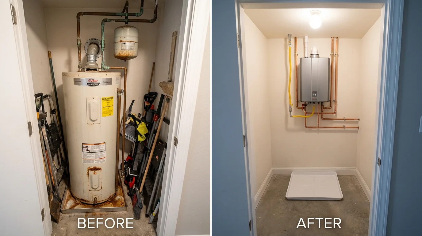 Tank water heater versus wall-mounted tankless unit comparison for Newton, KS homeowners