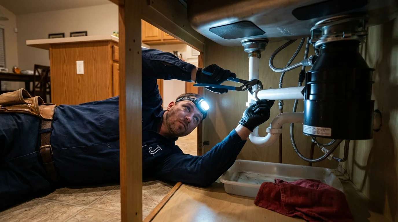 P-trap and supply line connections under a kitchen sink showing a common leak point in Newton, KS